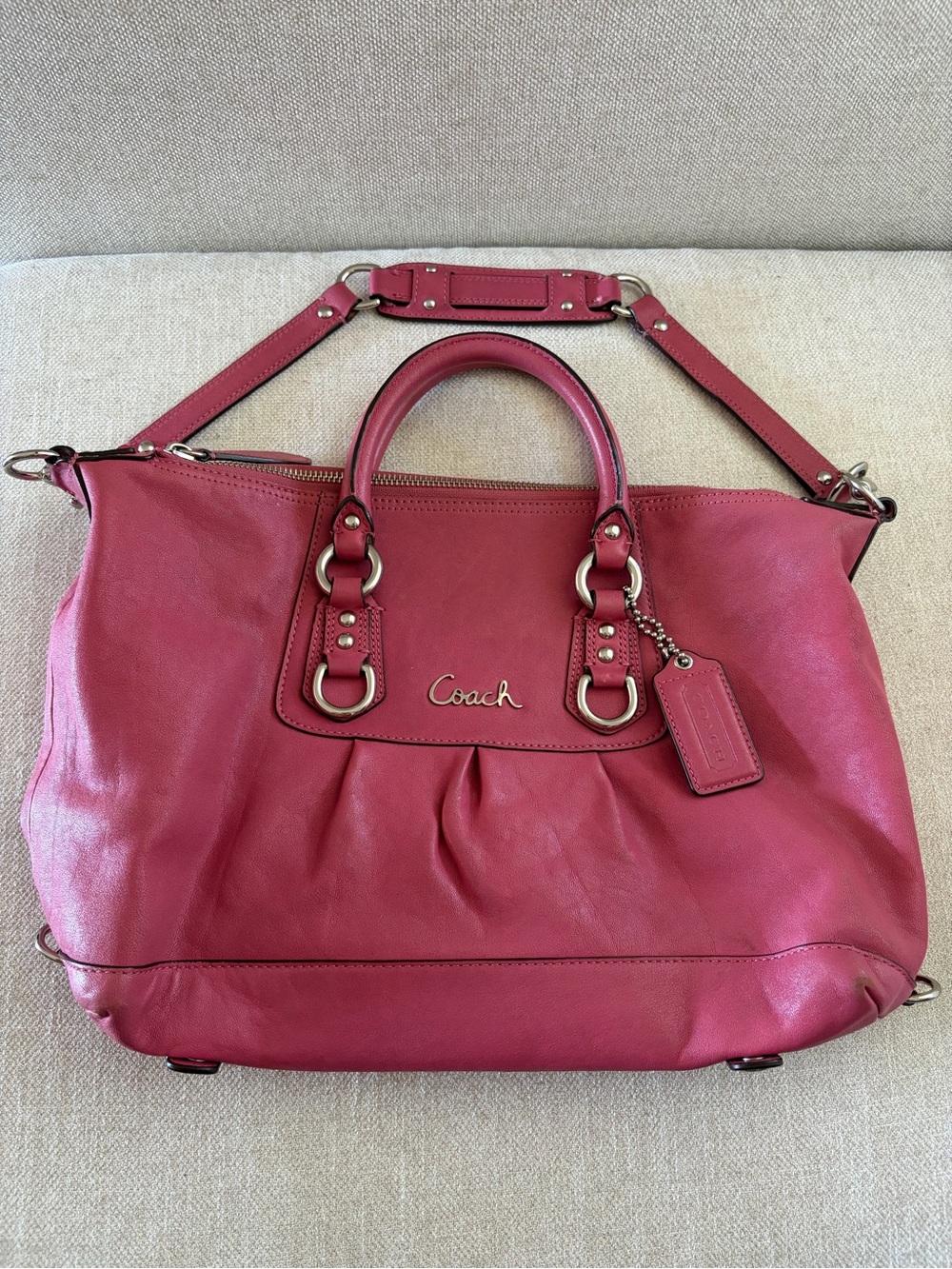 Vintage Coach Rose Pink Leather Satchel with Top Handles and Strap